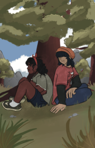 An illustration of the main characters Abigail and Dakota sitting back to back in front of a tree.